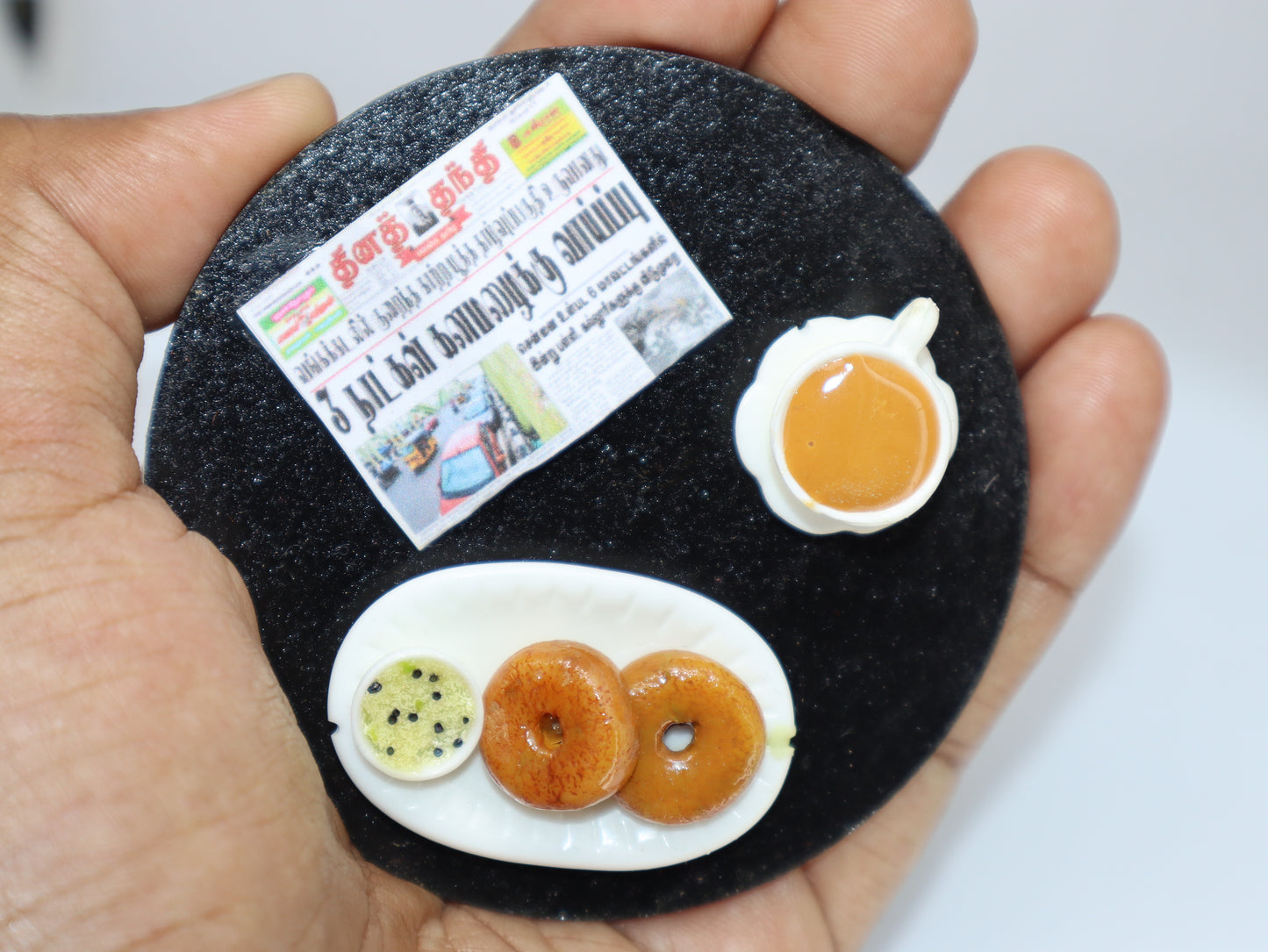Vadai and Coffee with Newspaper Miniature Magnet