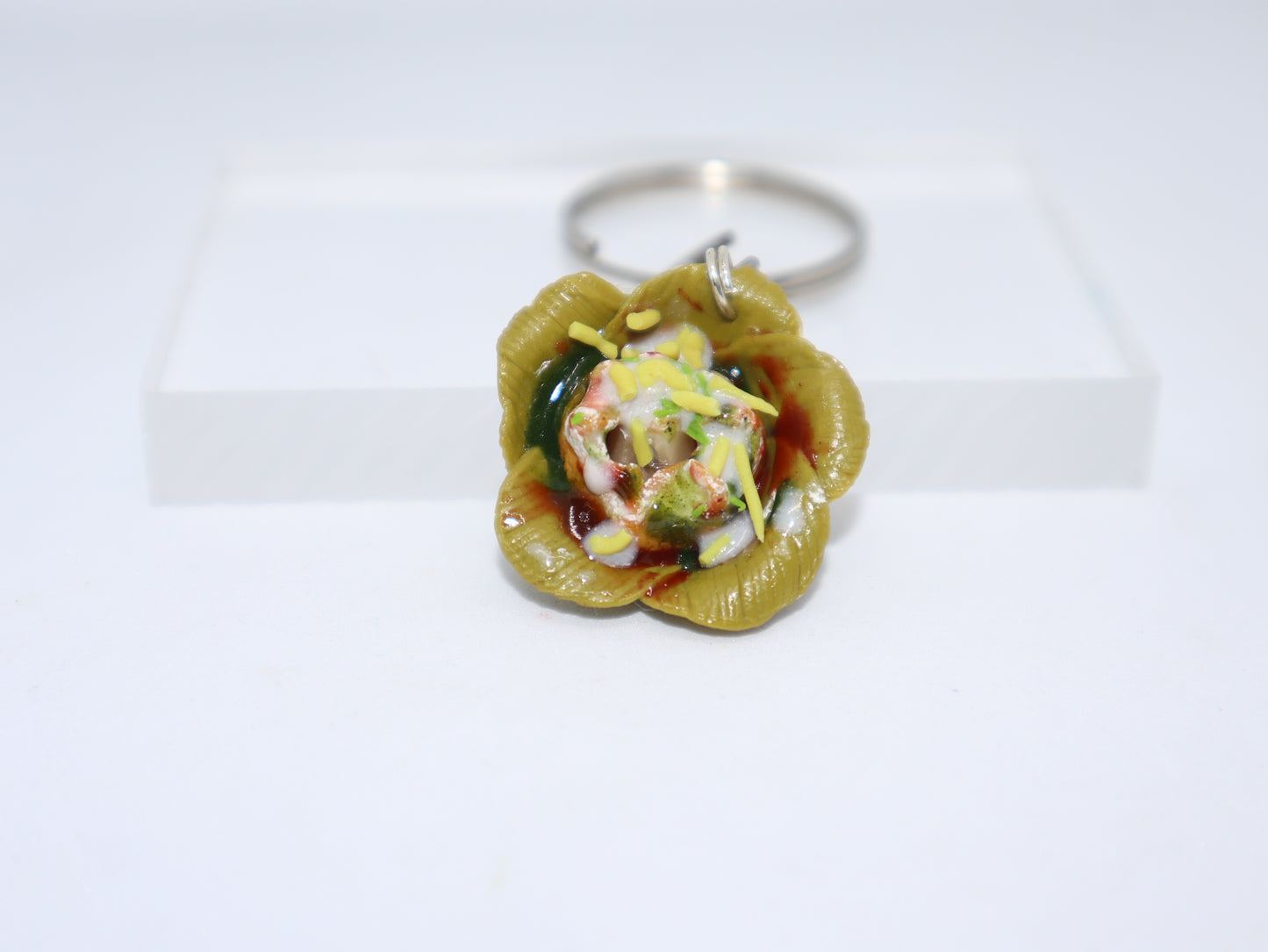 Miniature Dahi Puri in Leaf Bowl Keychain