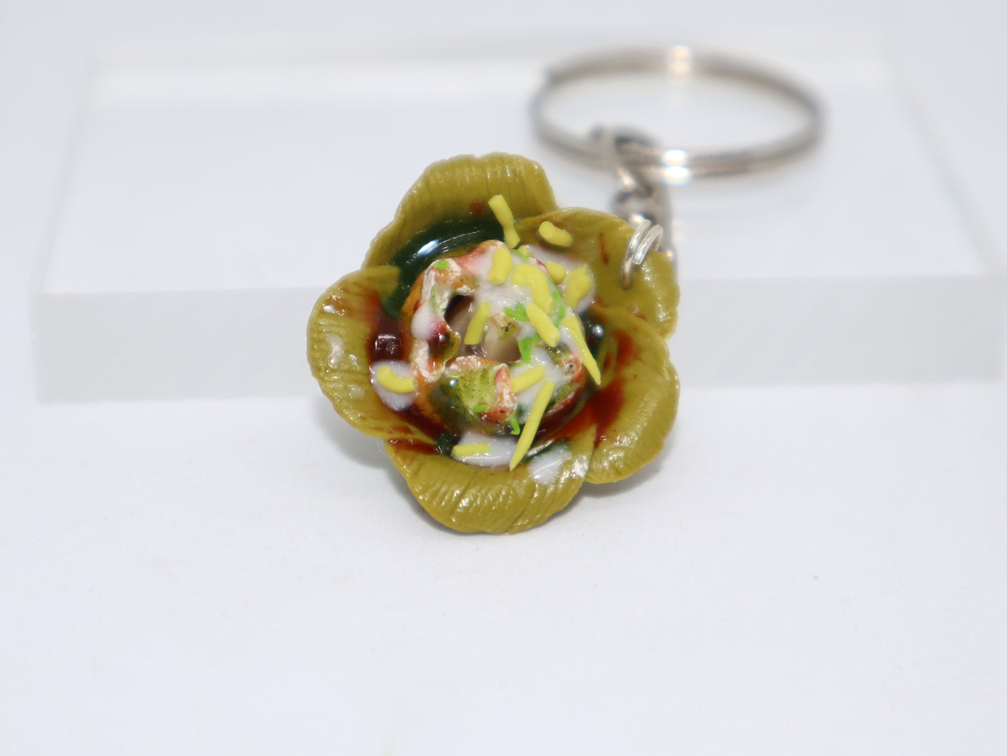 Miniature Dahi Puri in Leaf Bowl Keychain